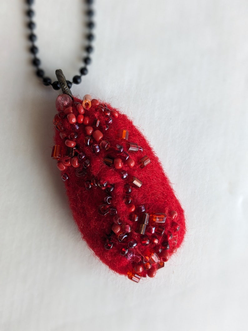 Felted beaded necklace, pebble pendant, bead embroidery, hand stitched, unique jewelry, Red pebble image 2