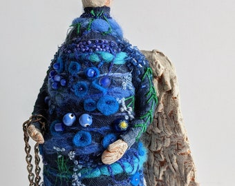 Santos 6 Art Doll Sculpture – 16.5” Beaded Celestial Guardian Fiber Art