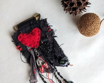 Boho Heart Fiber Art Brooch | Hand Stitched Textile Statement Pin