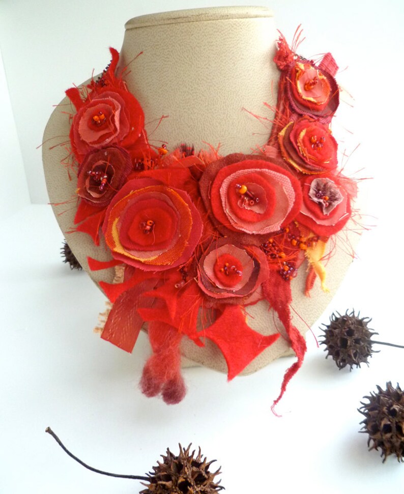 Morning beauty XVI romantic bohemian style one of a kind featured in Belle Armoire Jewelry Magazine Fiber art red bib necklace