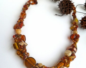 Beaded necklace, autumn inspired, statement jewelry, chunky, one of a  kind, unique, Fall aster III