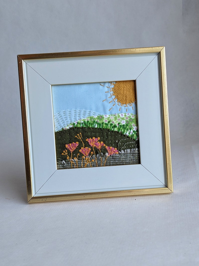 Hand stitched landscape, fabric collage, assemblage, framed table decor, mantel decor, Landscape VI image 4