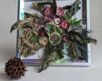 Floral hand stitched assemblage, framed table decor, home decor, mantel decor, Floral Cluster Purple and green