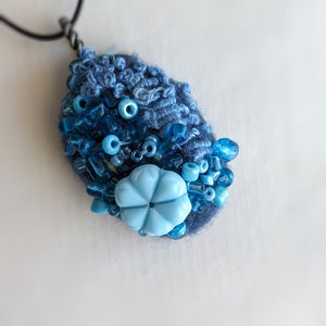 Felted beaded necklace, blue felt, pebble pendant, bead embroidery, hand stitched, unique jewelry, Blue pebble image 4