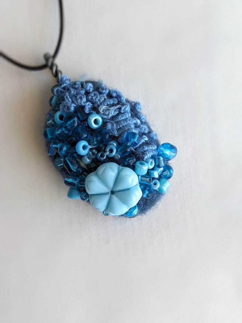 Felted beaded necklace, blue felt, pebble pendant, bead embroidery, hand stitched, unique jewelry, Blue pebble image 4