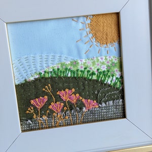 Hand stitched landscape, fabric collage, assemblage, framed table decor, mantel decor, Landscape VI image 3