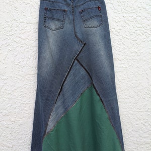 Long jean skirt, upcycled denim, maxi skirt, altered South Pole brand, re-worked denim, patchwork jeans, distressed and frayed, tattered image 6