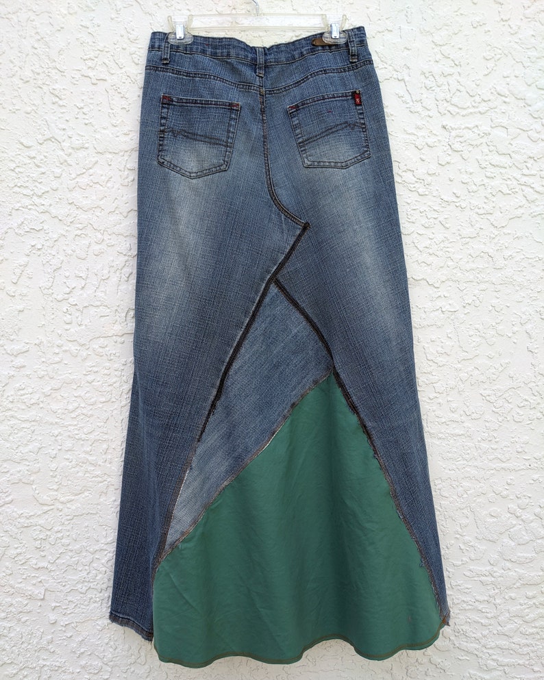 Long jean skirt, upcycled denim, maxi skirt, altered South Pole brand, re-worked denim, patchwork jeans, distressed and frayed, tattered image 6