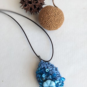 Felted beaded necklace, blue felt, pebble pendant, bead embroidery, hand stitched, unique jewelry, Blue pebble image 1