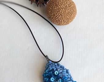 Felted beaded necklace, blue felt, pebble pendant, bead embroidery, hand stitched, unique jewelry, Blue pebble