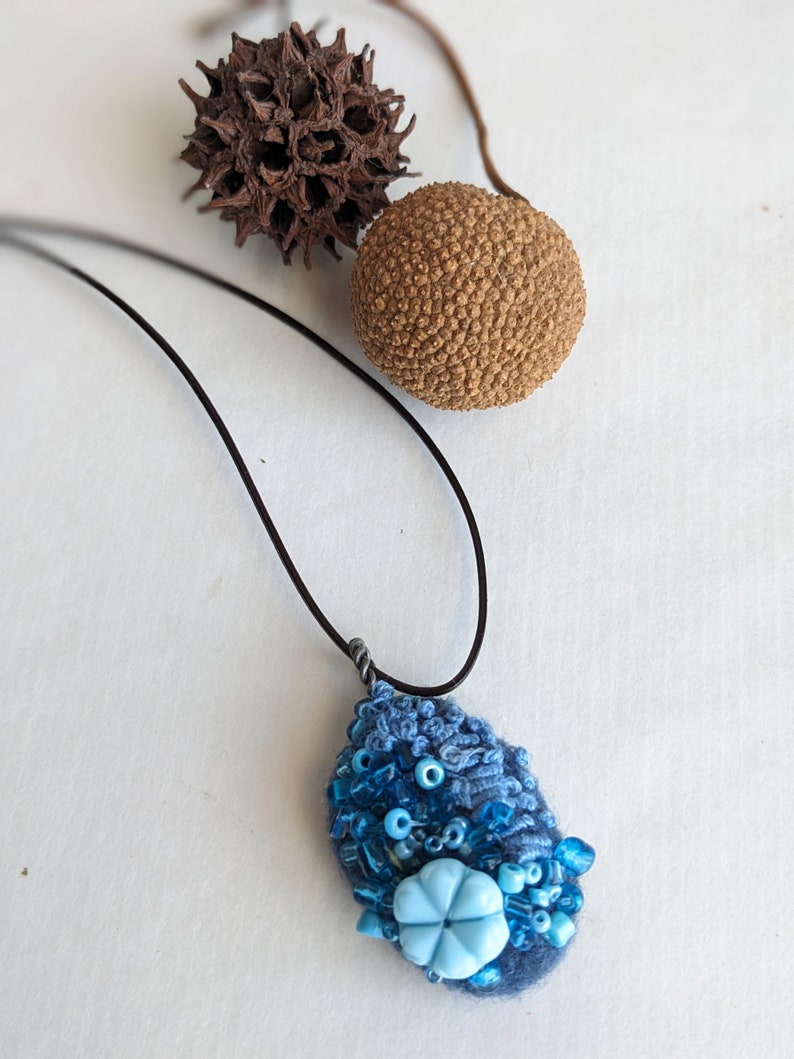 Felted beaded necklace, blue felt, pebble pendant, bead embroidery, hand stitched, unique jewelry, Blue pebble image 1