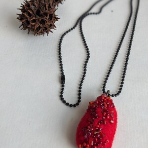 Felted beaded necklace, pebble pendant, bead embroidery, hand stitched, unique jewelry, Red pebble image 6