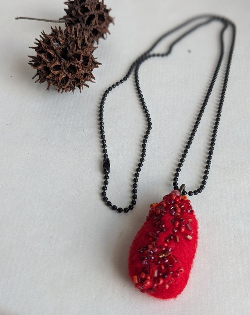 Felted beaded necklace, pebble pendant, bead embroidery, hand stitched, unique jewelry, Red pebble image 6