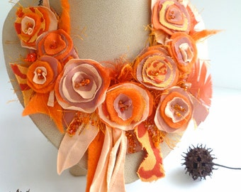 Orange bib necklace, textile art, featured In Belle Armoire Jewelry Magazine, Morning beauty XV