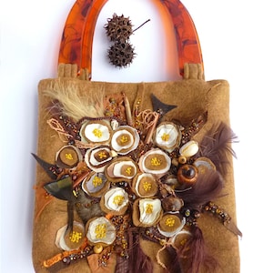 Brown felt floral purse, fiber art, fabric collage, featured in Haute Handbags Magazine, bohemian, floral, statement bag, textile art