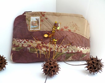 Embroidered pouch, featured in Sew Somerset Magazine, fabric collage, free style hand embroidery, bohemian, one of a kind, Brown fantasy II