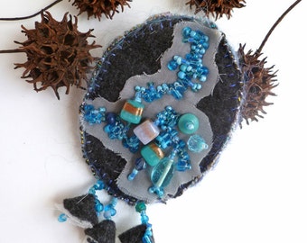 Blue Felt brooch, bead embroidery, fiber art, wearable art, hand stitched, one of a kind, unique pin, Azure V