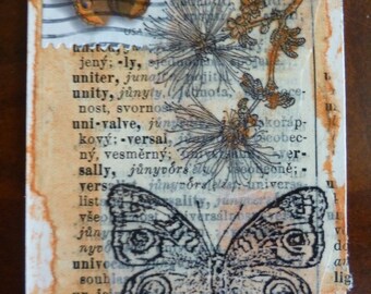 Original mixed media ACEO, art collage, Common Buckeye, 3.5 x 2.5, home decor, collectible unique art