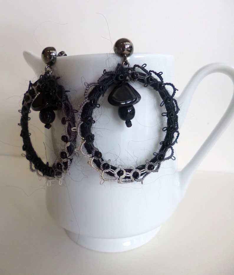 Black hoop earrings, bohemian style, fiber art, statement earrings, romantic, wearable textile art, yarn wrapped image 3