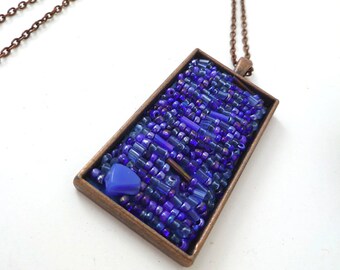 Blue necklace, beaded pendant, Antique copper bezel necklace, bead embroidery, Blue Melange