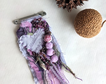 Lavender heart brooch, fiber art, bohemian style, hand stitched, statement jewelry