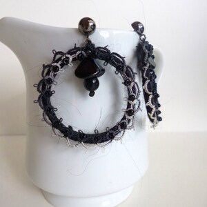 Black hoop earrings, bohemian style, fiber art, statement earrings, romantic, wearable textile art, yarn wrapped image 2