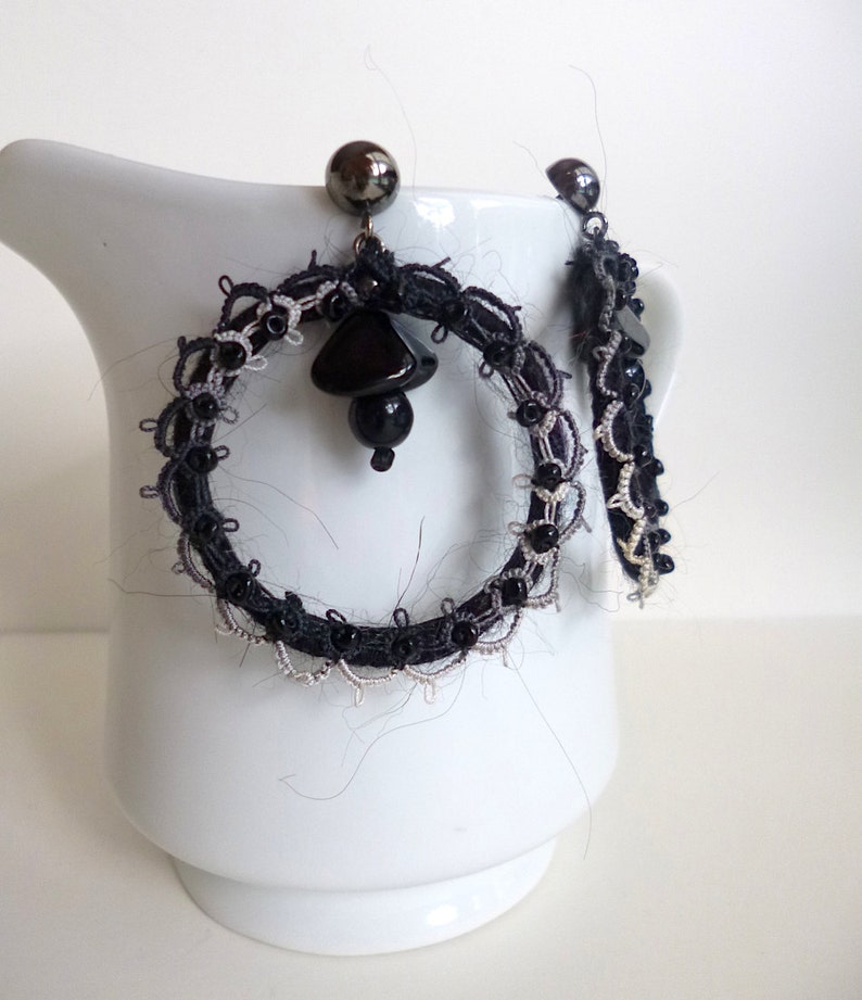 Black hoop earrings, bohemian style, fiber art, statement earrings, romantic, wearable textile art, yarn wrapped image 2