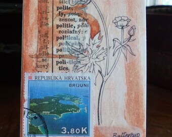 Original mixed media ACEO, collage, Brijuni, 3.5 x 2.5, home decor, collectible unique art