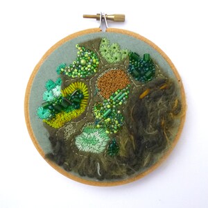 Green Textured Hand Embroidery: Abstract Beaded Fiber Art, Nature Decor