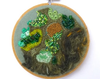 Green embroidery art, Original Fiber Art, Hand Embroidery, Abstract, Wood Hoop, Needlework, Home Decor, Wall Art, Fragments in green