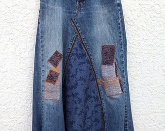 Long jean skirt, upcycled denim, maxi skirt, altered Abercrombie and Fitch brand, re-worked denim, patchwork jeans, distressed and frayed