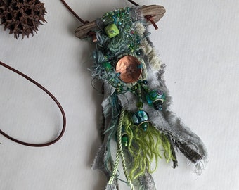 Green necklace, wearable art, unique jewelry,  Fiber art, bohemian style, one of a kind, Fragments in green