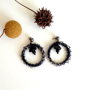 Black hoop earrings, bohemian style, fiber art, statement earrings, romantic, wearable textile art, yarn wrapped image 5