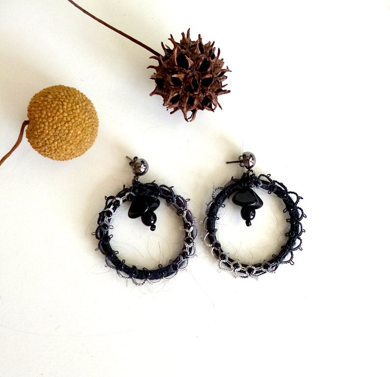 Black hoop earrings, bohemian style, fiber art, statement earrings, romantic, wearable textile art, yarn wrapped image 5