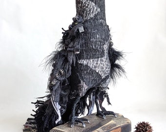 Bird soft sculpture, fiber art, home decor, black parrot, hand stitched, self standing object, collectible art, Darka