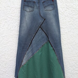 Long jean skirt, upcycled denim, maxi skirt, altered South Pole brand, re-worked denim, patchwork jeans, distressed and frayed, tattered image 5