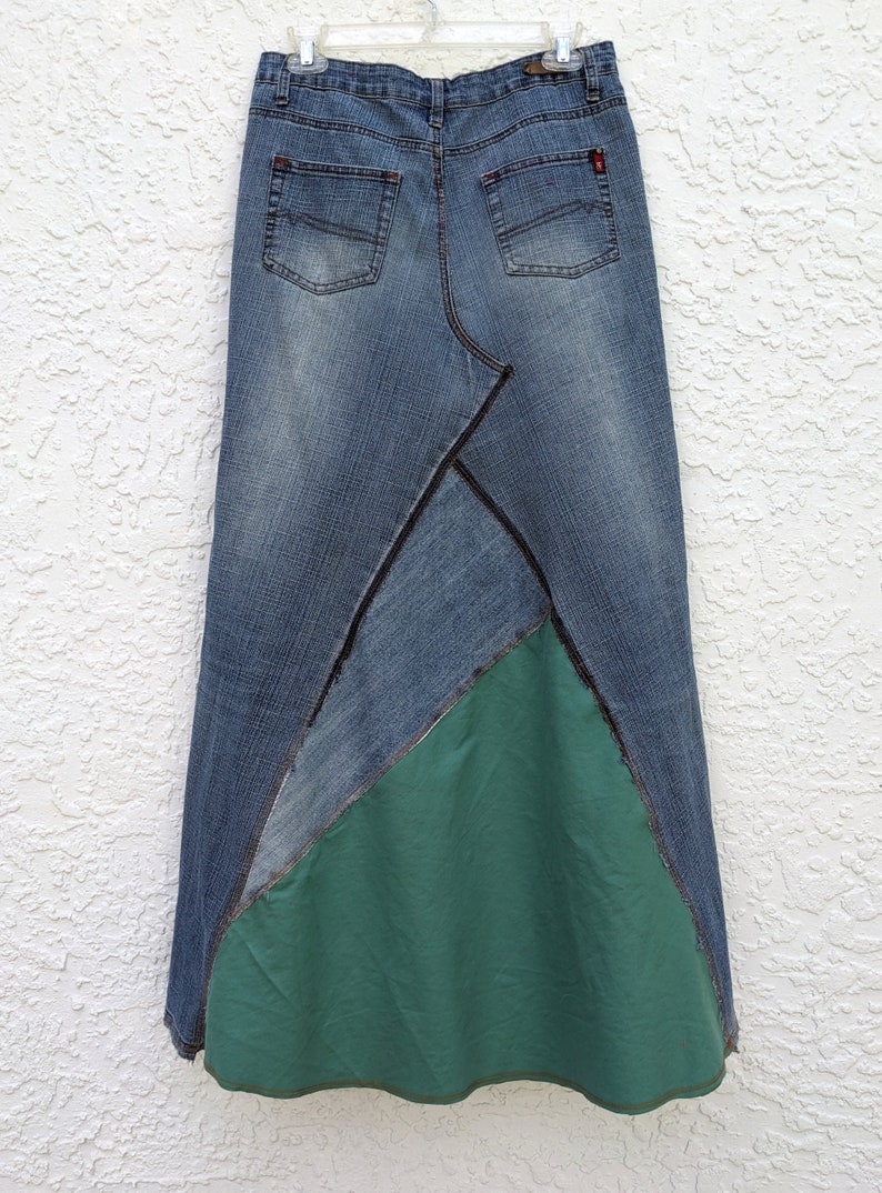 Long jean skirt, upcycled denim, maxi skirt, altered South Pole brand, re-worked denim, patchwork jeans, distressed and frayed, tattered image 5