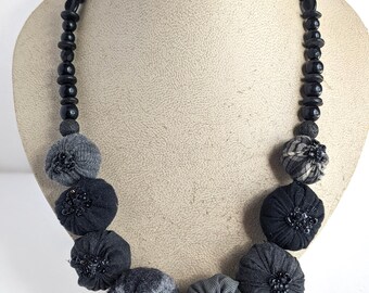 Fabric Statement Necklace | Black and Gray Hand-stitched Textile Bead Jewelry