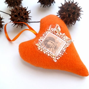 Orange heart, felt ornament, home decor, felt heart, bead embroidery, textile art, one of a kind, unique, decorative, Queen Beatrix image 2