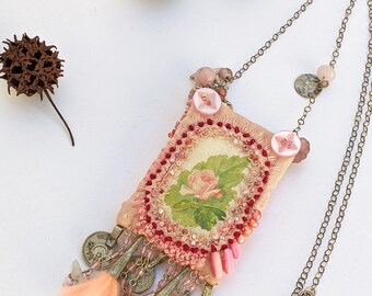 Pink rose necklace, fiber art, Bohemian style, embroidered jewelry, wearable textile art, talisman