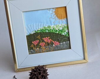 Hand stitched landscape, fabric collage, assemblage, framed table decor, mantel decor, Landscape VI