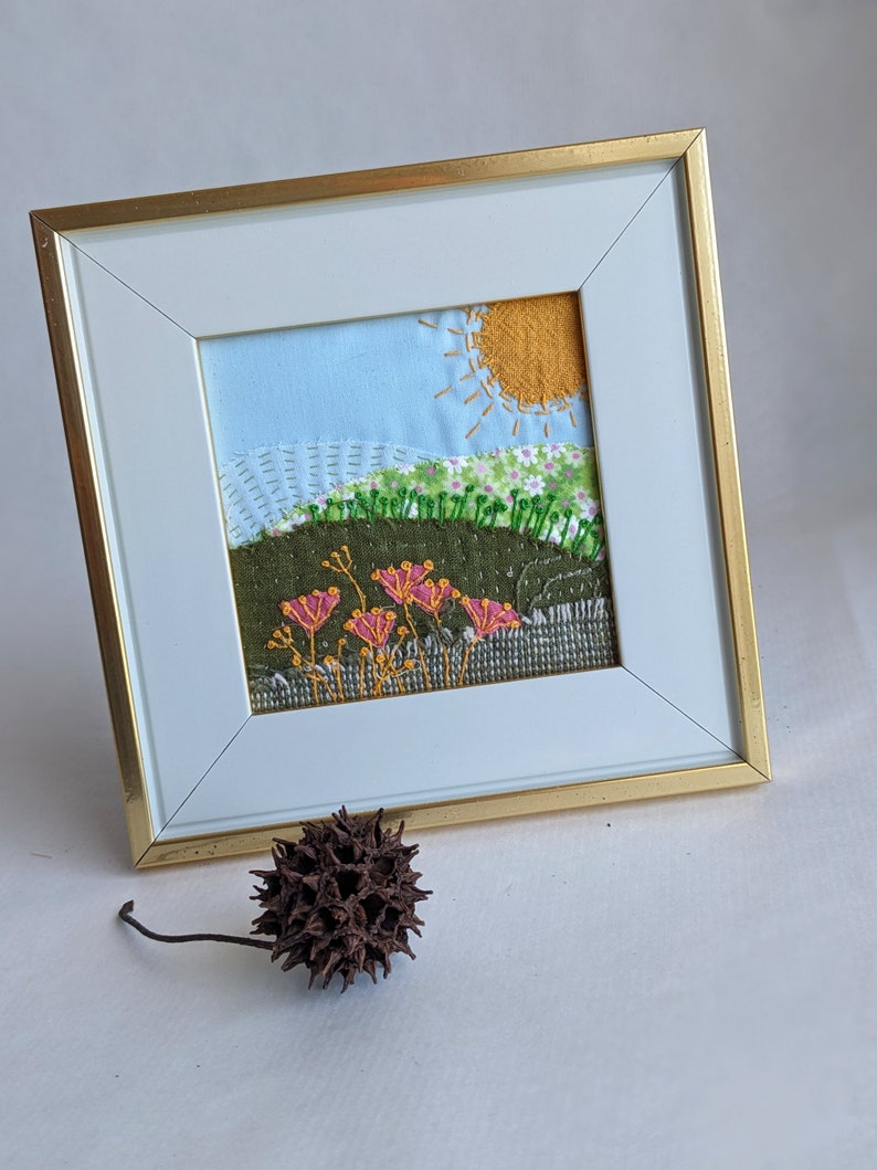 Hand stitched landscape, fabric collage, assemblage, framed table decor, mantel decor, Landscape VI image 1