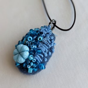 Felted beaded necklace, blue felt, pebble pendant, bead embroidery, hand stitched, unique jewelry, Blue pebble image 5