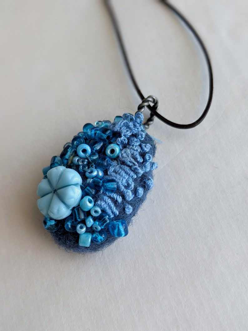 Felted beaded necklace, blue felt, pebble pendant, bead embroidery, hand stitched, unique jewelry, Blue pebble image 5