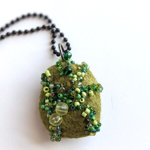Felted Pebble Necklace: Green Bead Embroidery Pendant