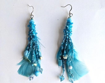 Blue earrings, beaded earrings, original design, bohemian style, one of a kind, Blue feathers