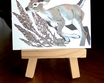 Deer ACEO print, Original illustration, Jumping DEER, matte print, ACEO, 3.5 x 2.5, home decor, animal art, collectible art