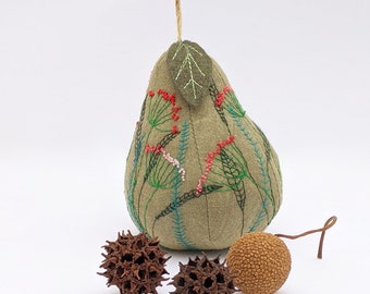 Decorative Pear, Embroidered, Pincushion, Felt Leaf, home decor