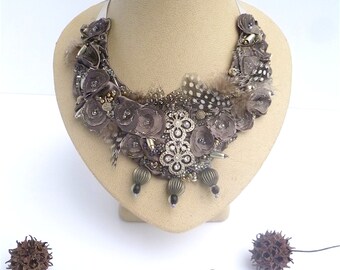 Beaded Fiber Art Bib Necklace: Bohemian Statement Jewelry