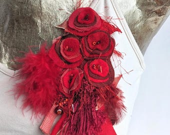 Red Fiber Art Floral Brooch: Bohemian Burlesque Beaded Corsage